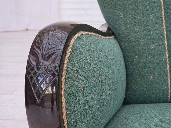 Image 1 of Deense fauteuil uit de jaren 60, bekleed met groene en beige meubelwol.