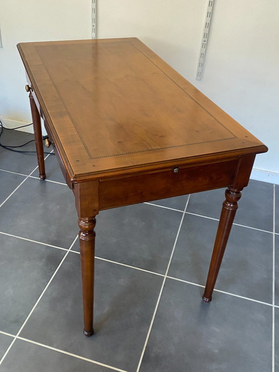 Image 1 of Bureau ancien merisier et marqueterie 2 tiroirs et 2 tablettes 112x60 h76cm