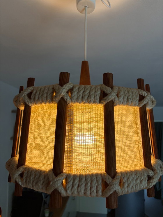Lampada a sospensione vintage, in legno e corda, anni '60-'70 – Lampade a sospensione, Textile, Wood (photo 9 of 14)