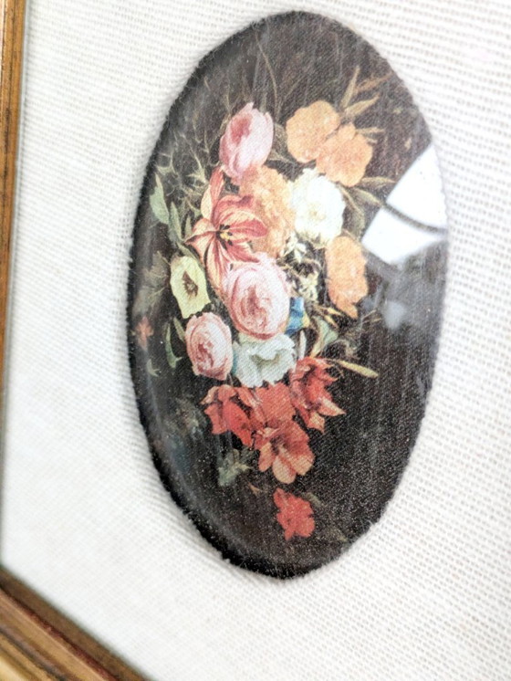 Image 1 of Vintage Floral Bouquet Print with Oval Linen Mat, Gilded Wood Frame, Foiled Shimmer Art