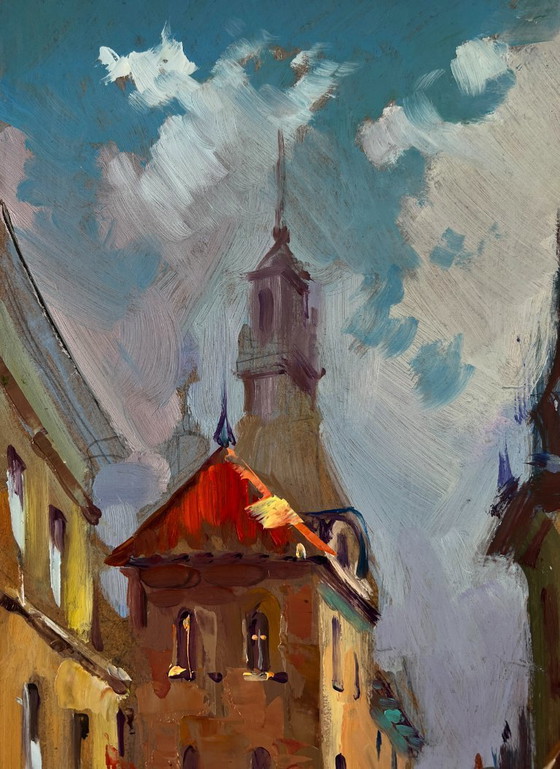 Image 1 of Original Oil Painting City Road Landscape Quiet Street In The Old Town