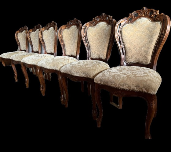 6 barok eetkamer stoelen, Eetkamerstoelen, Textiel, Fluweel, Beige (foto 2 van 6)
