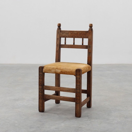 Sedia laterale spagnola in rovere intagliata a mano del XIX secolo con seduta in velluto