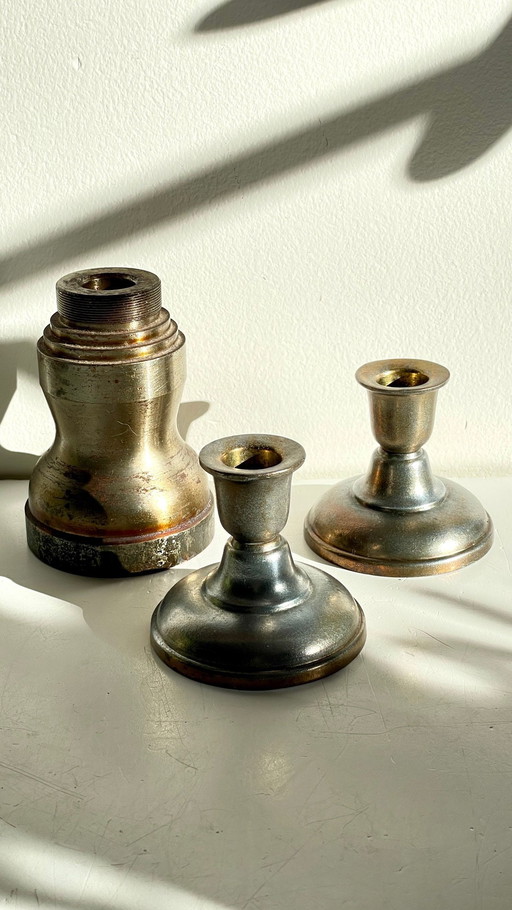 Vintage Steel and Bronze Industrial Candleholders