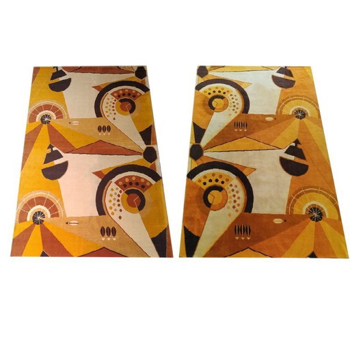 Coppia di tappeti/arazzi francesi in pura lana, di ispirazione costruttivista, risalenti agli anni '50, estremamente rari.