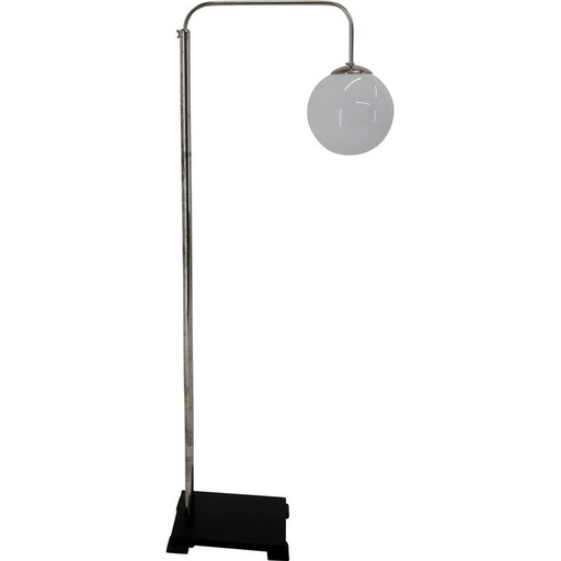 Vintage functionalistische verstelbare vloerlamp in hout, nikkel en opaline glas, jaren 1930