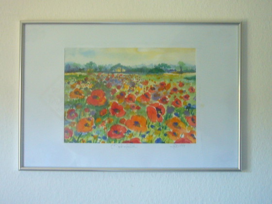 Image 1 of Aquarelle originale - Motif/titre : Prairie de coquelicots
