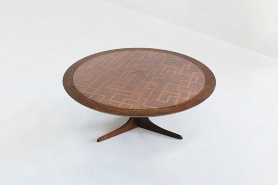 Image 1 of Vintage brutalist round coffee table of copper and wood, 1970s