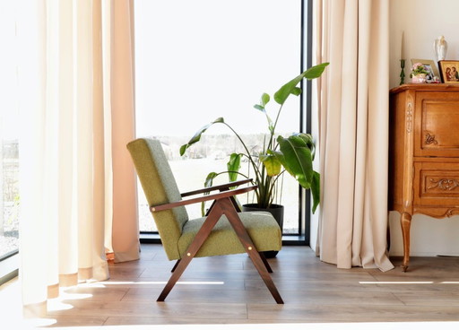 Vintage fauteuil mosgroen bouclé zigzag MCM 