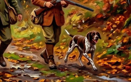 Image 1 of Impressionist painting on acrylic canvas / Hunting scene / (120 x 60) cm