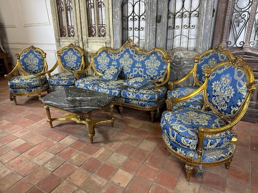 Salotto Luigi XV Rococò – Divano e poltrone dorate – Velluto blu – Oggetto da collezione