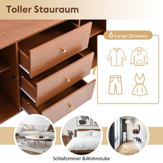 Image 1 of Urban Meuble ladekast in walnoot houtlook met 2 deuren en 3 rotan lades, gouden pootjes en handgrepen 150*90*40cm URNO