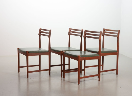 Image 1 of Bovenkamp Vintage Design Teak Wooden Dining Chairs with Racing Green Leather Seatings by Severin Hansen. Set of 4. Denmark, 1960
