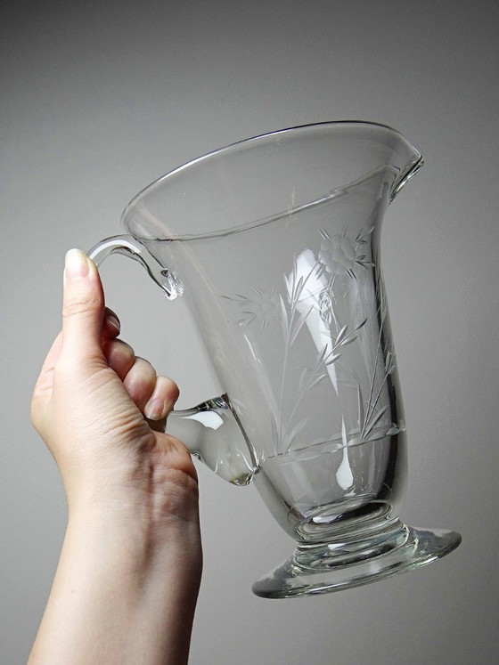Image 1 of Antique wheel-engraved glass pitcher with vegetal decoration, Bohemia, early 20th century