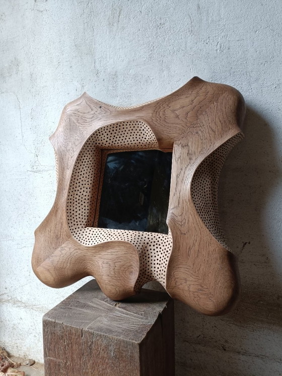 Image 1 of Carved and textured solid oak mirror