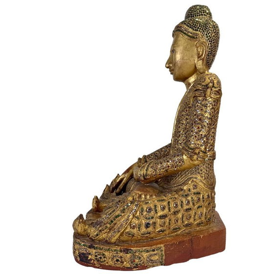 Antieke Birmese Jambupati Boeddha met glasinleg, 57 cm hoog. – Beeldhouwkunst, Wood (photo 9 of 16)