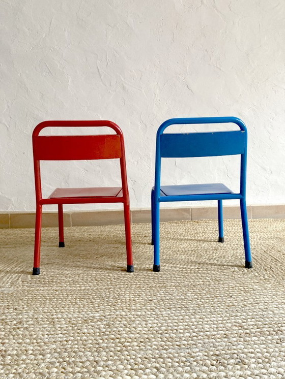 Image 1 of Pair of Mullca nursery chairs in metal and wood painted red and blue, 1950s