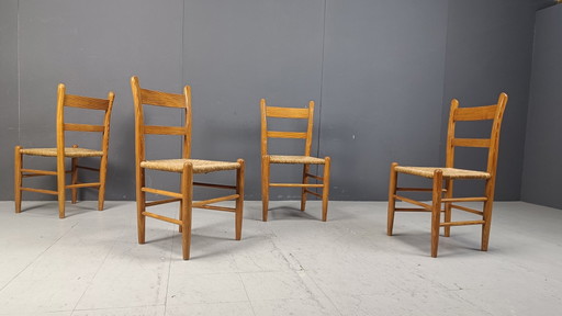 Sedie da pranzo in rovere e vimini di metà secolo, set di 4 - anni '70