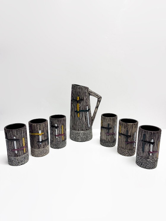 Handbeschilderde set met sinaasappelsap en water. Frankrijk, jaren 60. – Henri Cimal, Glazen & Karaffen (photo 4 of 15)