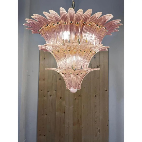 Image 1 of Coppia di iconici lampadari in vetro di Murano rosa "Palmette" di metà secolo