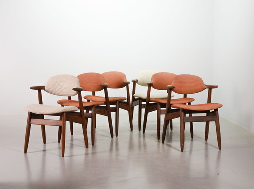 Authentic Cowhorn Tijsseling Dining Chairs with the Original Fabric Upholstery by Hulmefa. Set of 6. The Netherlands, 1960s.