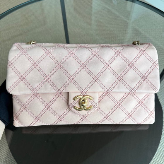 Image 1 of Chanel Seasonal Flap Medium - Triple Stitched Calfskin Quilted Pink Gold Hardware Series 19