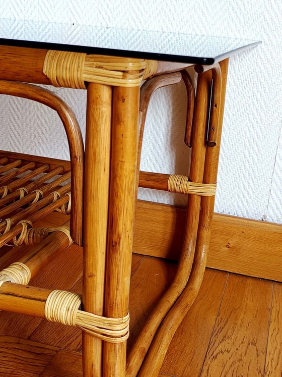Vintage rotan salontafel uit de jaren 60 – Rattan, Glass (photo 10 of 10)