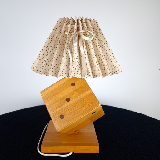 Vintage wooden dice lamp base with pleated shade, 1970s