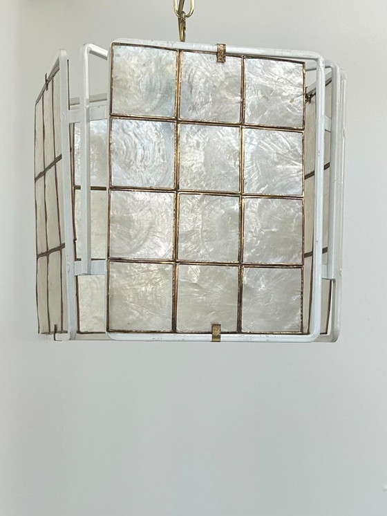 Image 1 of Vintage pendant light, white lacquered metal and mother-of-pearl, France, 1980