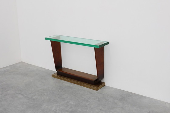 Image 1 of Sculpturale Franse Art Deco consoletafel met glazen blad, circa 1925