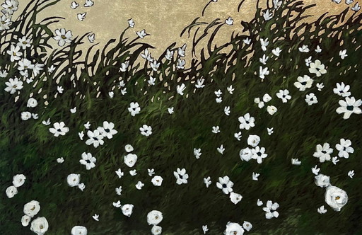 Dusk Moon Garden - Contemporary Night Landscape Field Flowers White House, 2024