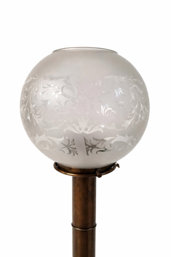 Image 1 of Pair Vintage DHR Holland Brass Spring Candle Lamps - Etched Glass Shades