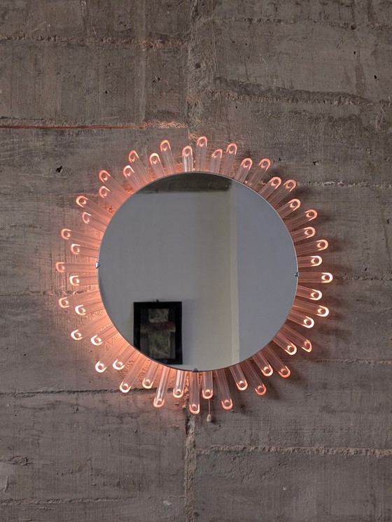 Image 1 of Mid-Century Modern Sunburst Mirror Wall Lamp in Lucite with Pink Glow, 1970s