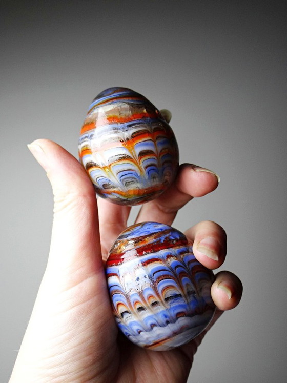 Image 1 of Pair of vintage Murano glass eggs, blown from a cane, circa 1950