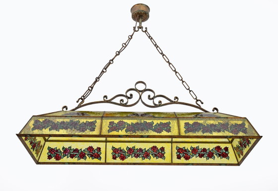 Image 1 of Rustikaler, handbemalter Kronleuchter aus Schmiedeeisen und Glas, 1960er Jahre