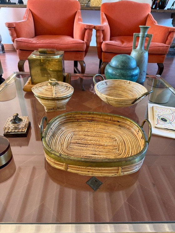 Mid-century set of 3 brass and wicker bowls, Italy ca. 1970, Decorative Objects, Rattan, Brown, Vintage (photo 3 of 10)