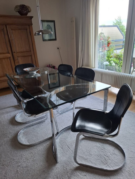 Milo Baughman dining table with 6x Willy Rizzo Cidue C2 chair