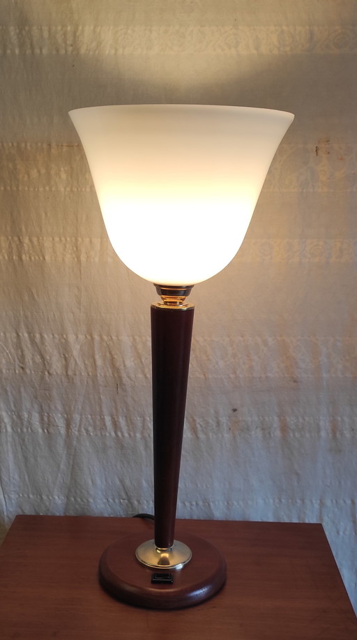 Mazda-style table lamp in wood and opaline glass - mid-20th century