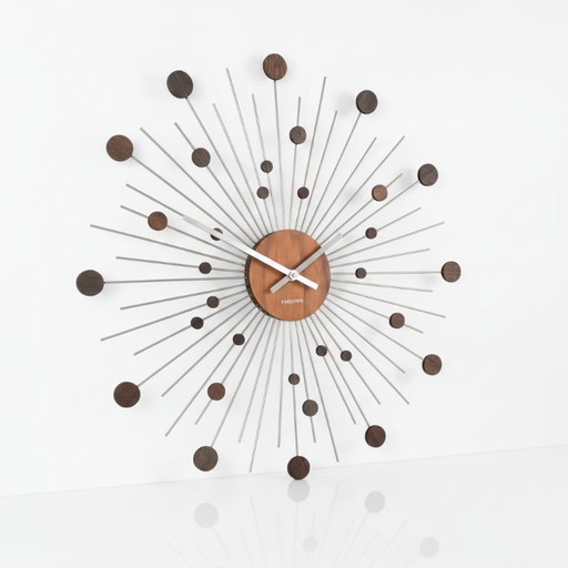 Karlsson Mid-Century Modern Sunburst Wandklok – Teakhout & Metaal – Ø 48 cm