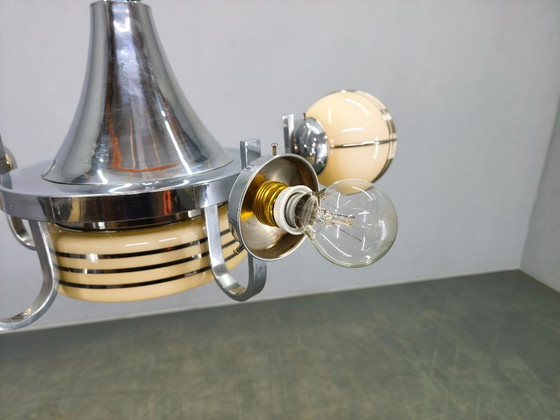 Image 1 of Art Deco kroonluchter van chroom en glas, 5 bollen, jaren 1930