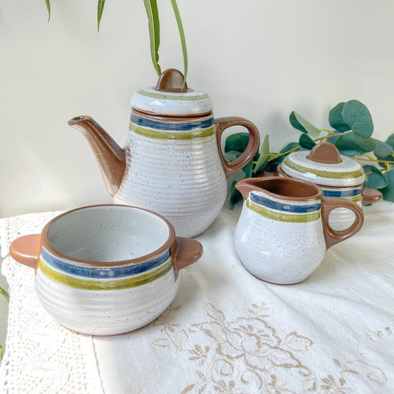 Servizio da caffè vintage in gres maculato grigio anni '50 con strisce verdi e blu - Tazze da caffè vintage (photo 11 of 14)