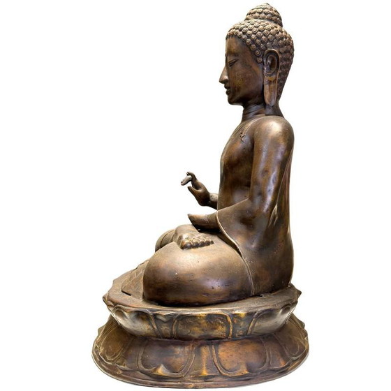 Monumental Javanese Bronze Buddha – Vitarka Mudra – 58 cm – 8.5 kg – Sculpture (photo 6 of 10)