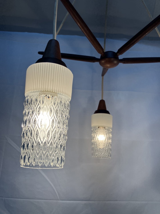 Image 1 of Vintage Scandinavian teak pendant lamp with 5 glass shades