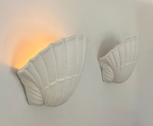 Pair of vintage shell wall lights, matte white plaster, France 1970