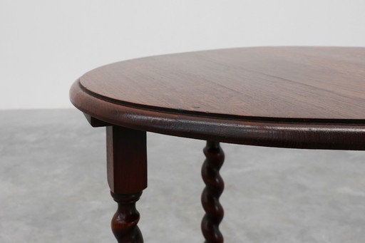 Rustic round barley twist oak side table, France 1950s