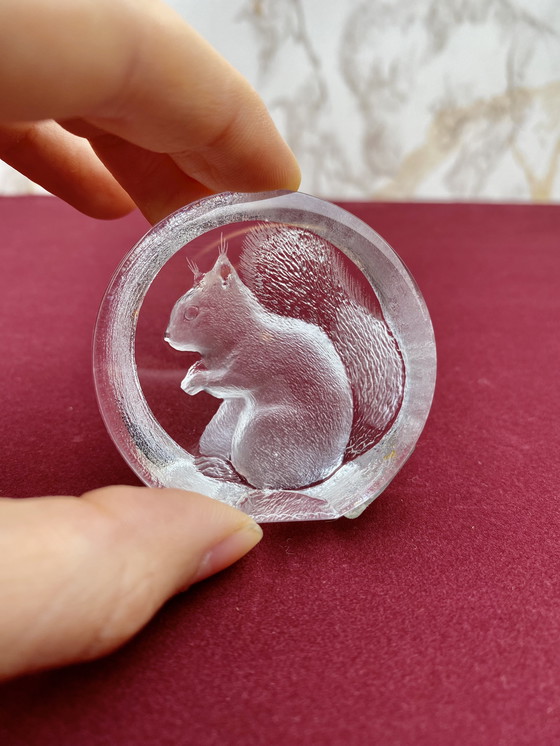 Image 1 of Swedish Mats Jonasson Lead Crystal Squirrel Sculpture / Small Paperweight With Label And Signature / Vintage Art & Collectibles