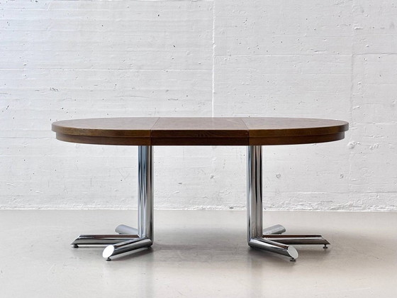 Dieter Wäckerlin Extendable Table – Wood Mosaic & Chrome, Switzerland, 1960s – Dining tables, Vintage (photo 7 of 13)
