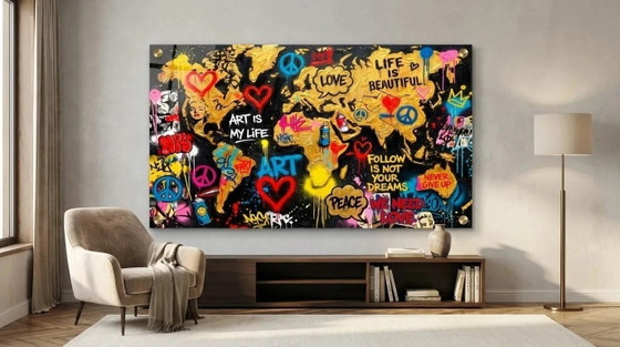 Mappa del mondo di lusso stampata su vetro acrilico – Banksy Street Art versione XXL 200 × 110 cm (photo 7 of 8)
