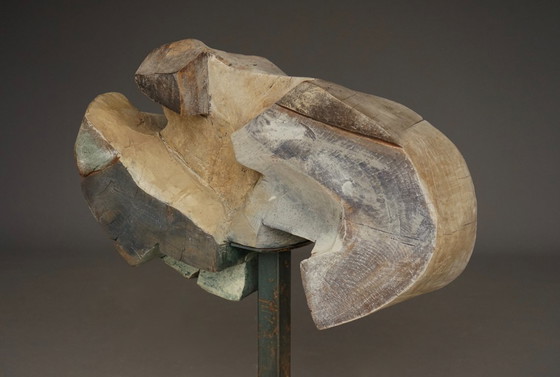 Image 1 of Gesneden brutalistisch abstract beeldhouwwerk, jaren 70, hout en metaal
