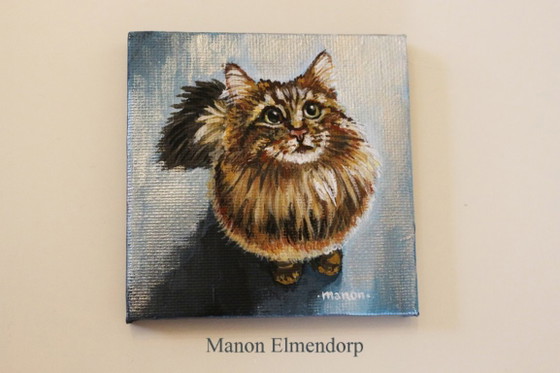 Image 1 of Unique Hand-Painted Small Cat Painting, Signed